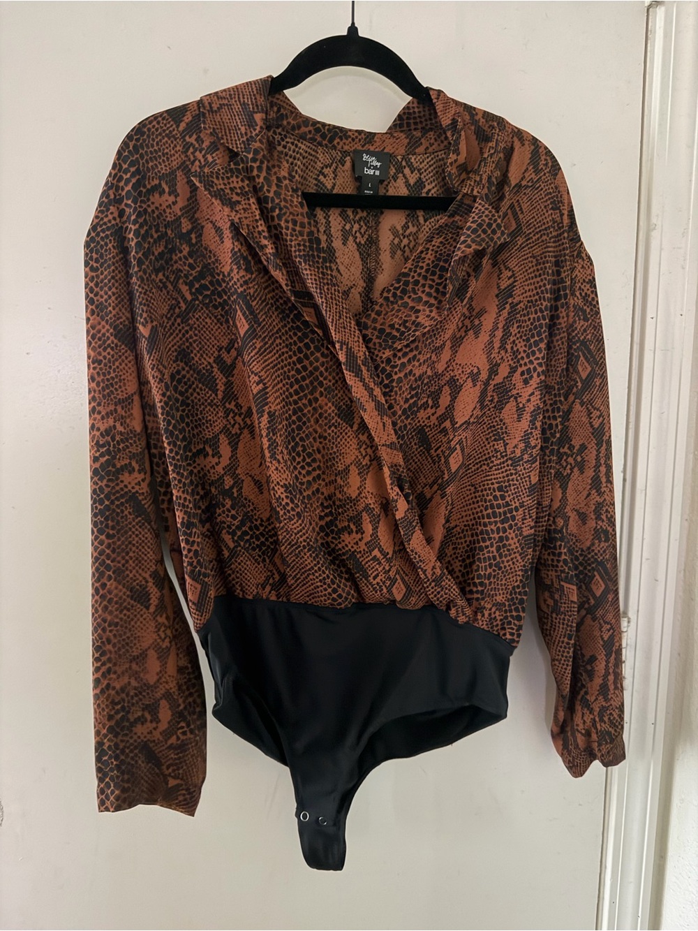 Brown Snake Print Wrap-Front Bodysuit with Black Bottom